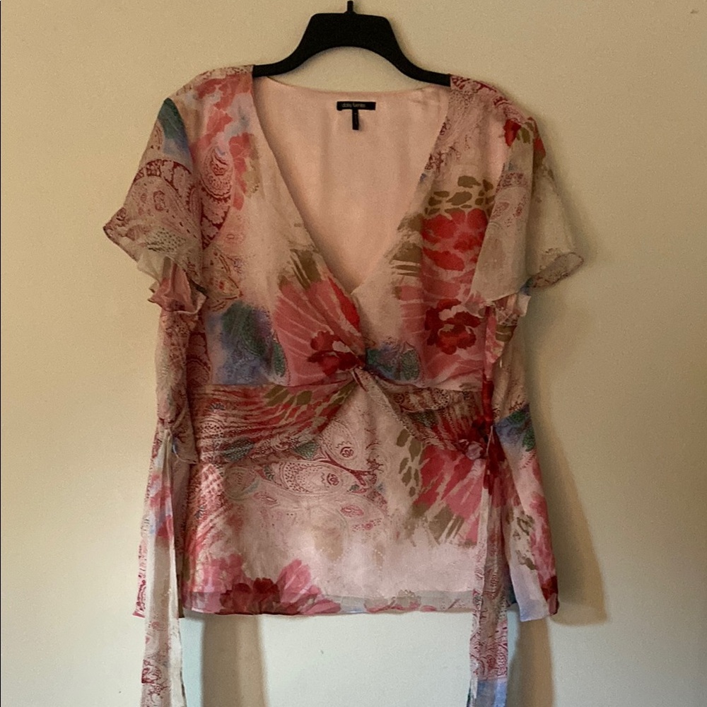 0288 daisy fuentes Floral V-Neck Women tie back chiffon satin Top 3x Y2K